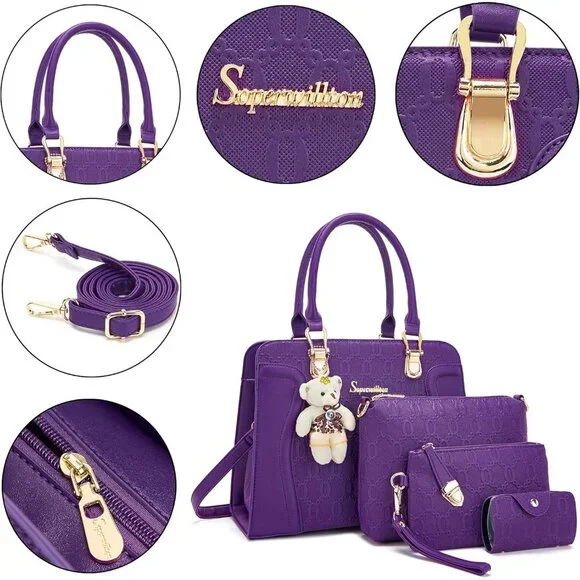 Women's Purple Faux Leather Top Handle High Quality Smooth Zippers Tote Bag - Picture 5 of 7